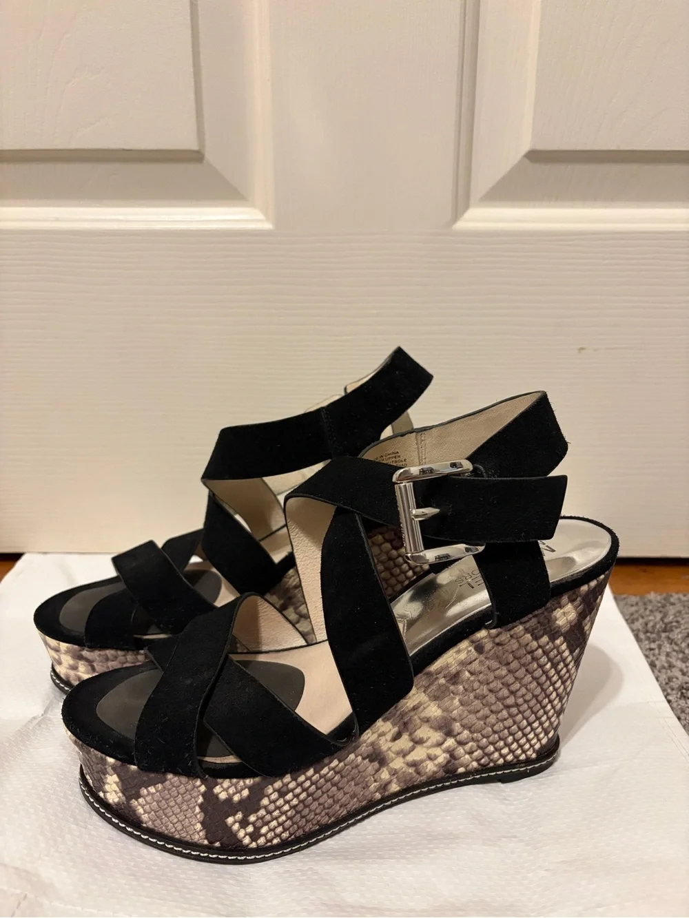 Michael Kors Black Suede Strappy Wedge Sandals with Snakeskin Platform